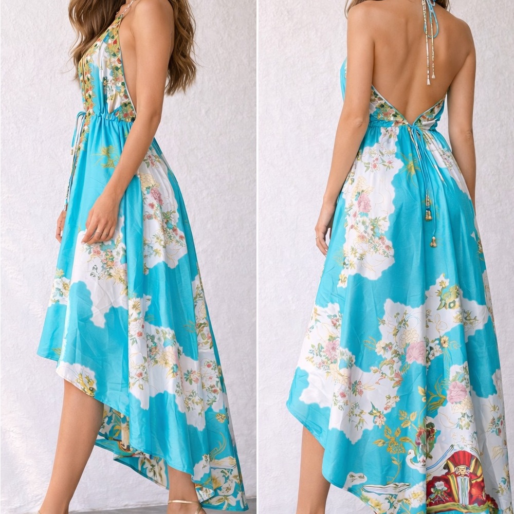 Floral Blue Halter Dress